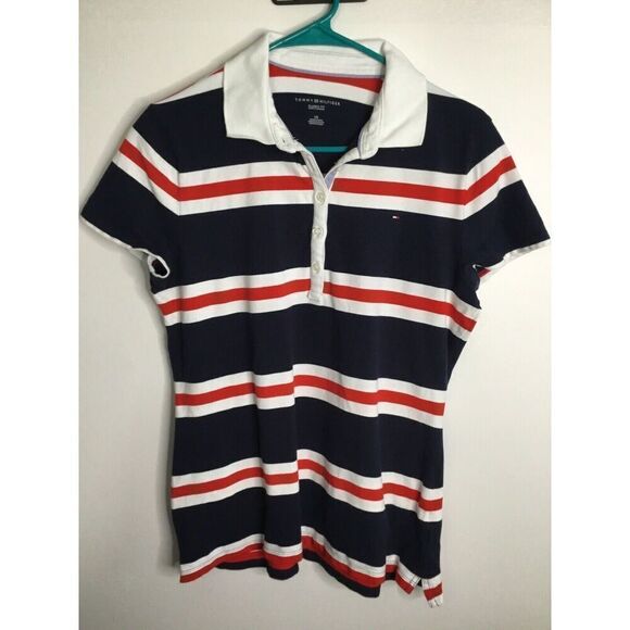 TOMMY HILFIGER Women’s Large Polo Shirt Navy Red Striped Short‎ Sleeve Size L - Picture 1 of 9